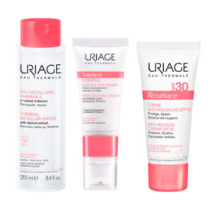 Set rutina básica piel sensible Uriage Thermal Micellar Water rosada - Tolederm soothing eyecare - Rosaliane anti-redness spf 30